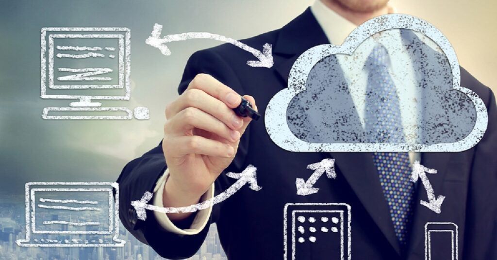 Person´s hand drawing a cloud among technological devices, suggesting cloud computing in business.