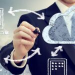 Person´s hand drawing a cloud among technological devices, suggesting cloud computing in business.