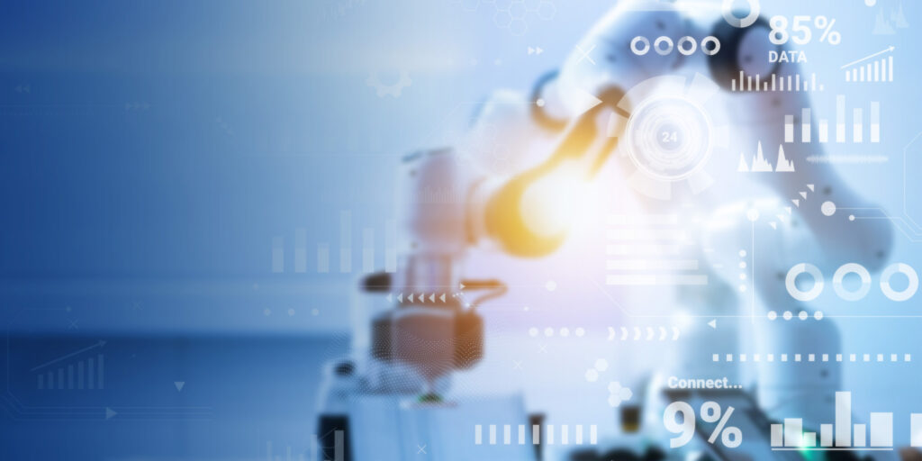 A close-up of a robotic arm engaged in a task, set against a blurred background filled with digital data overlays, including graphs and percentages, highlighting the complexity and challenges faced in IIoT projects that can lead to failure.